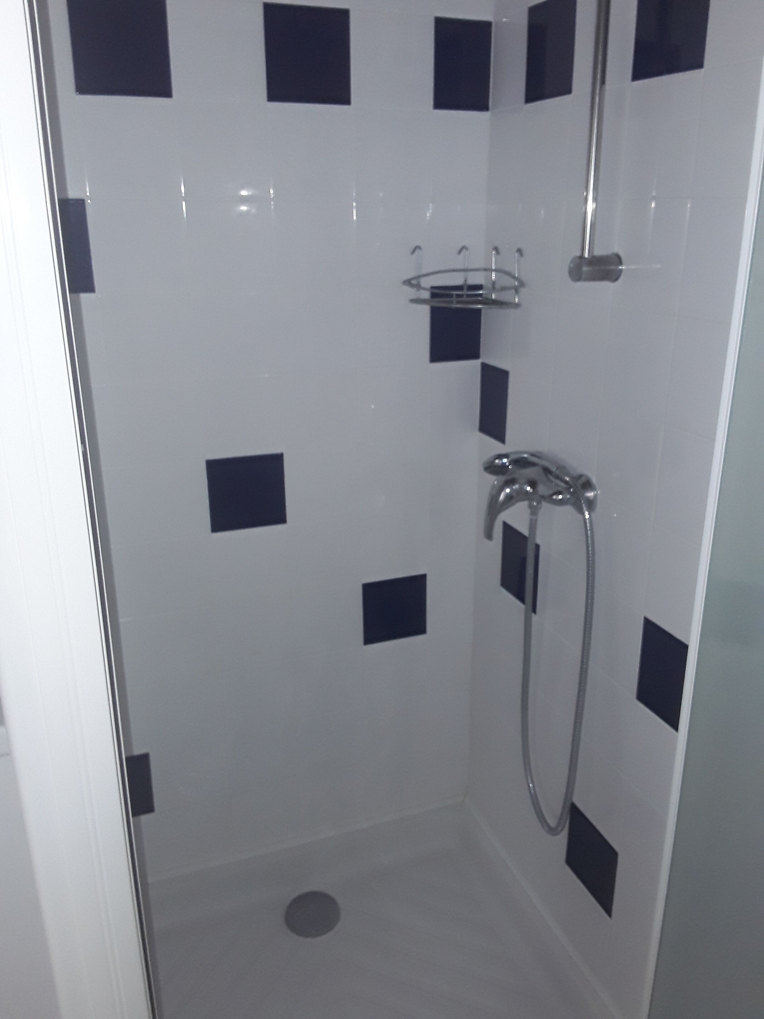 Un piccolo box doccia chiuso con porta in vetro, pareti piastrellate con motivo a quadretti e soffione doccia, più un flessibile per il bagno.