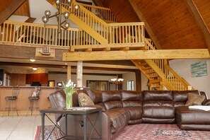 Smart-tv, eldstad, dvd-spelare och böcker