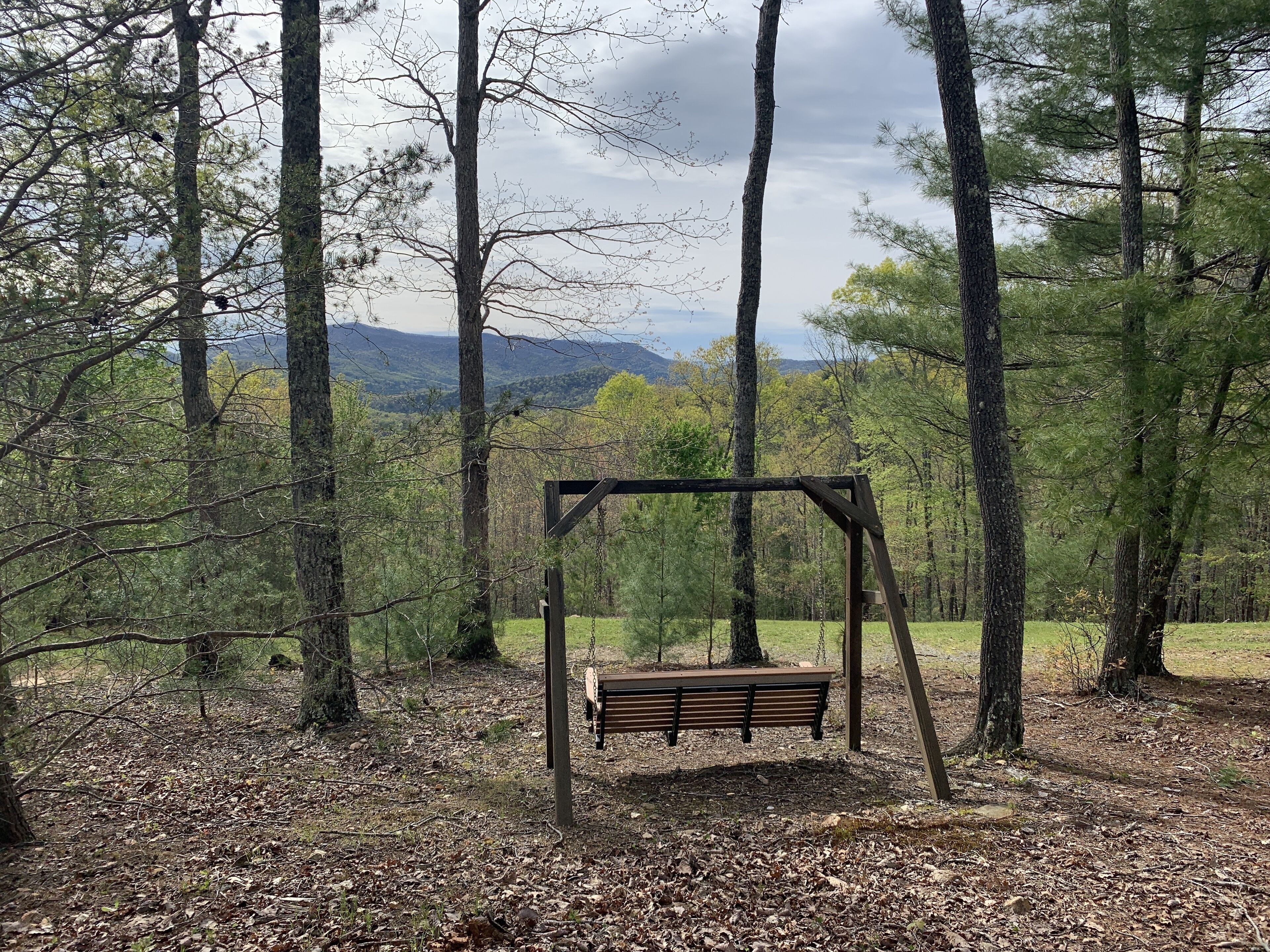 Une balançoire en bois avec un banc, installée dans une zone boisée offrant une vue sur des montagnes lointaines.