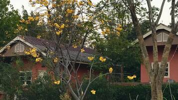 Un edificio rojo con techo de tejas, rodeado de un césped cuidado y árboles con flores amarillas.
