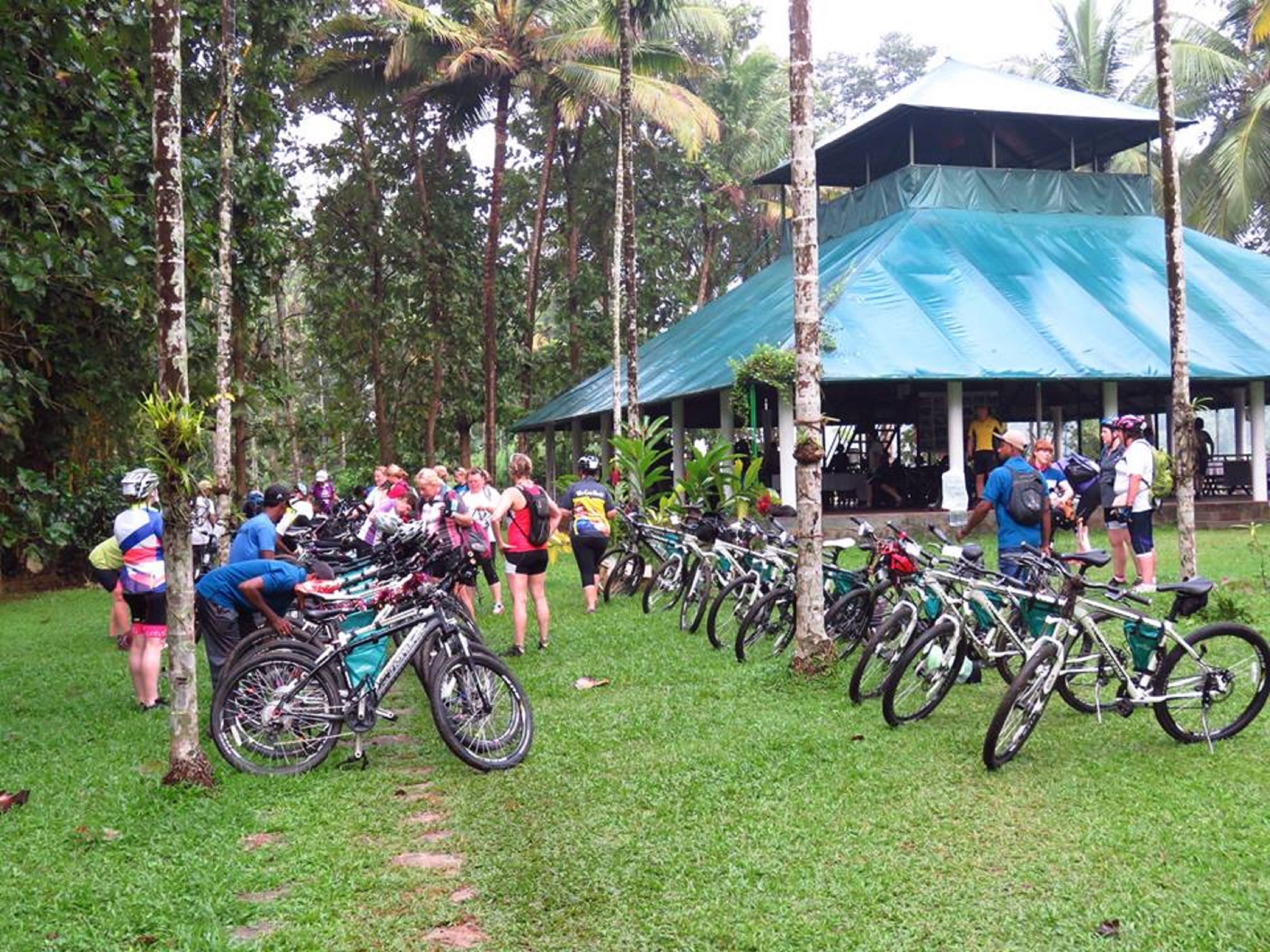 A group of people gathered around bicycles in a grassy area with a building in the background.