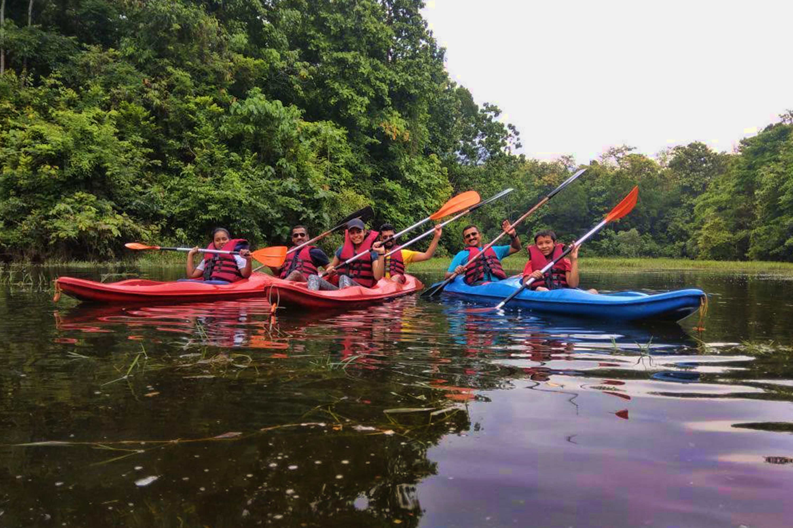 A group of people kayaking on a calm river surrounded by lush greenery.