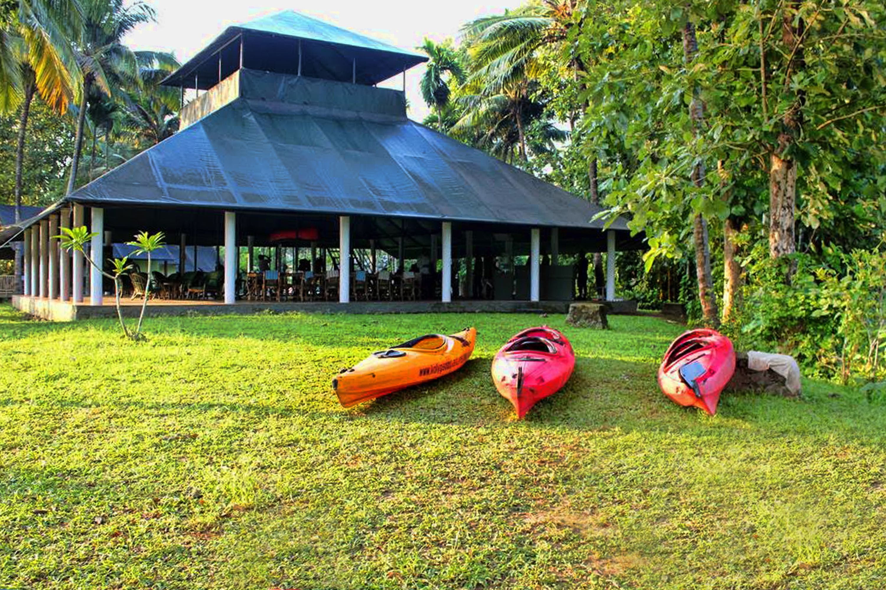 A covered outdoor area with three kayaks on a grassy lawn, surrounded by trees and a building with a sloped roof.