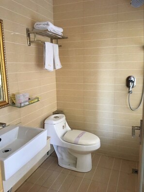 Un baño con inodoro, lavamanos y ducha.