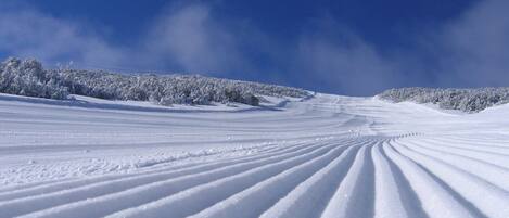 A snow-covered landscape with a clear sky.