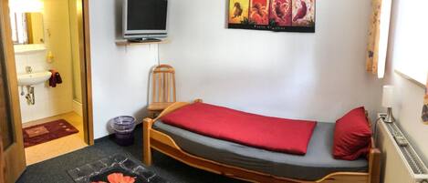 A small bedroom with a single bed, a television, a painting, and a radiator.