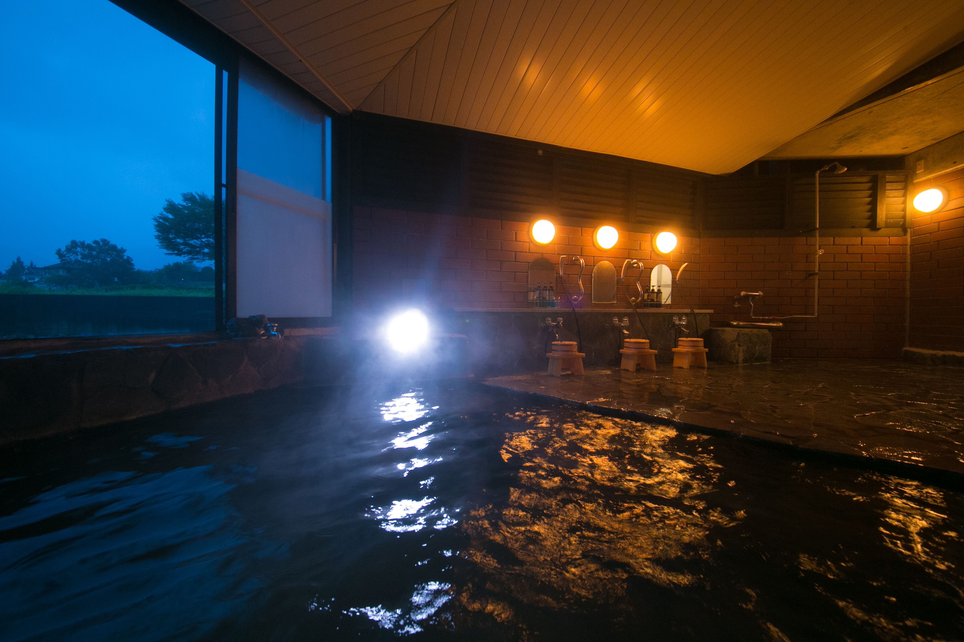 Een jacuzzi-gedeelte met uitzicht op de omgeving, een houten plafond en een bakstenen muur.