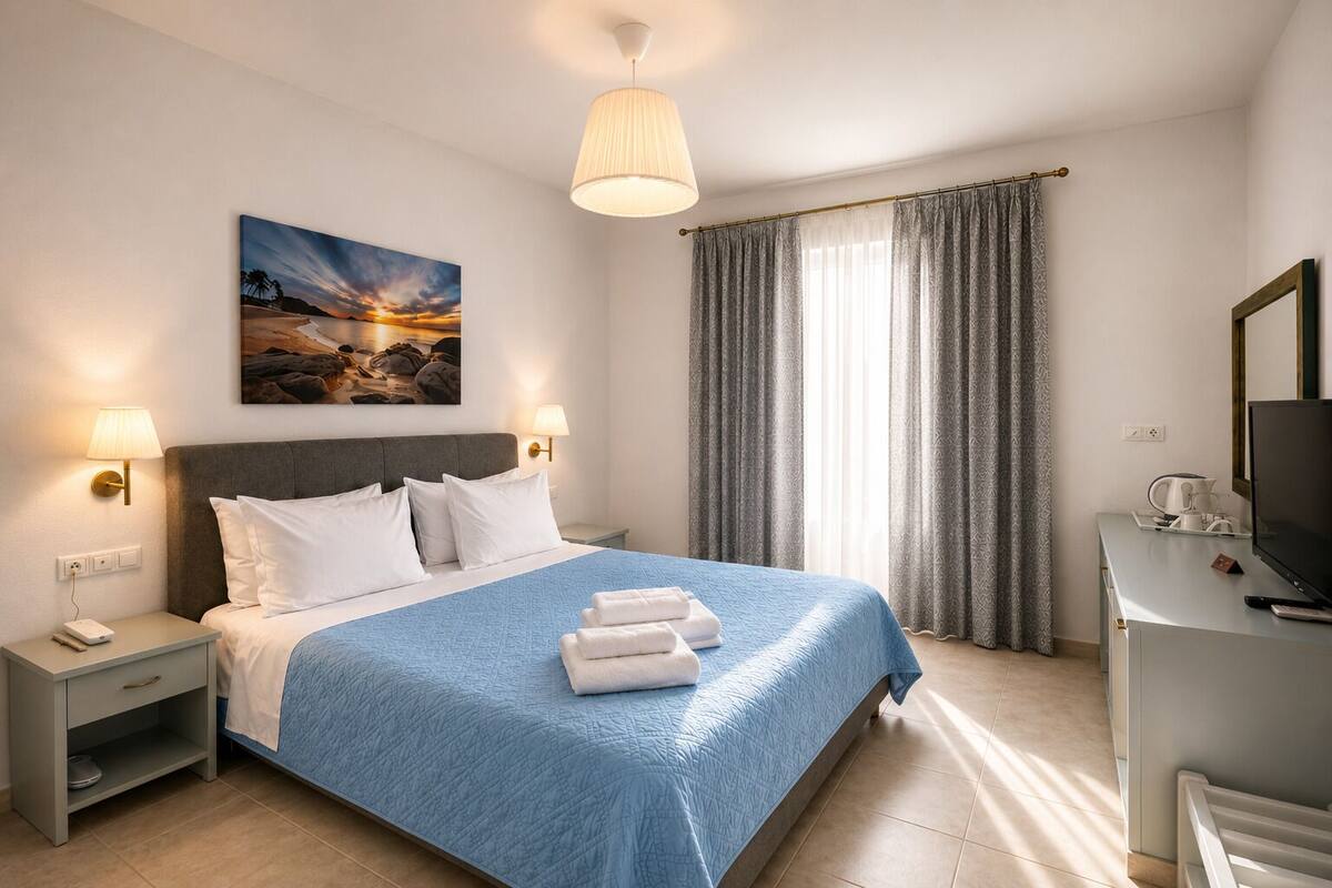 A hotel room with a bed, nightstands, a desk with a TV, and a window with curtains.