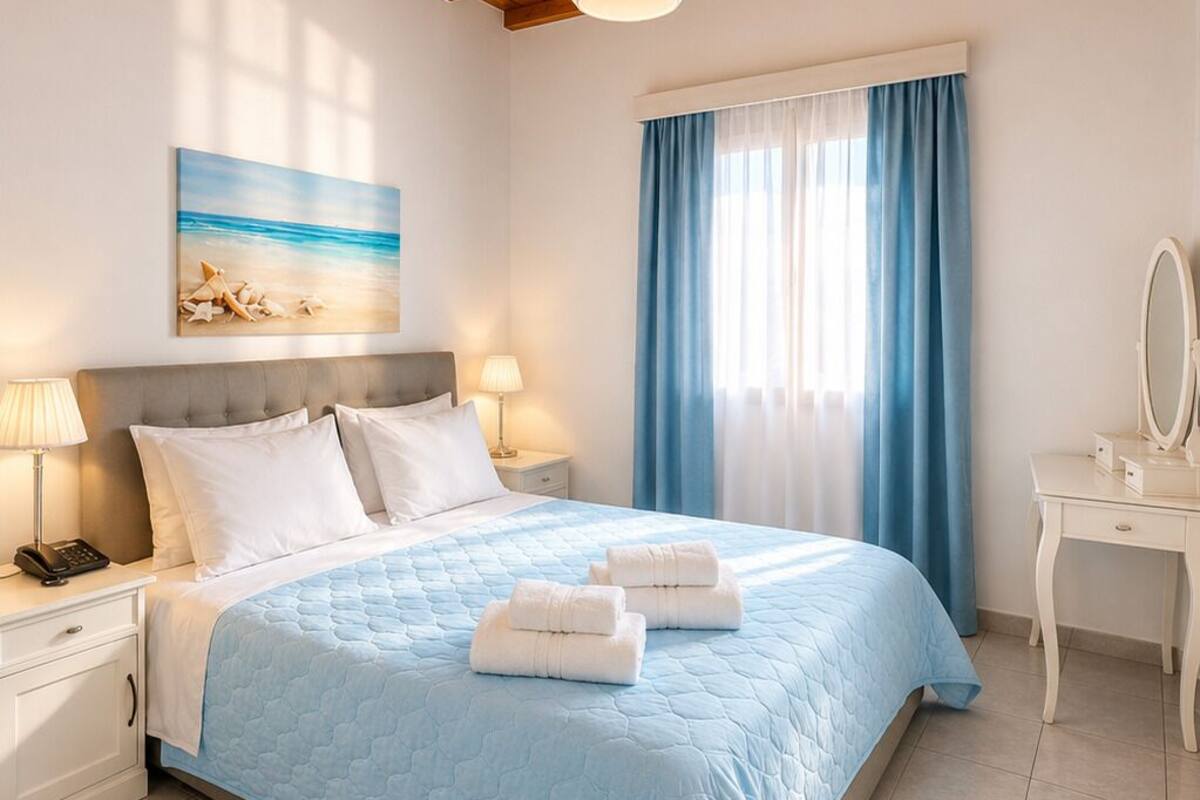 A bedroom with a bed, bedside tables, a nightstand, a mirror, a hanging light fixture, a painting on the wall, and a window with curtains.