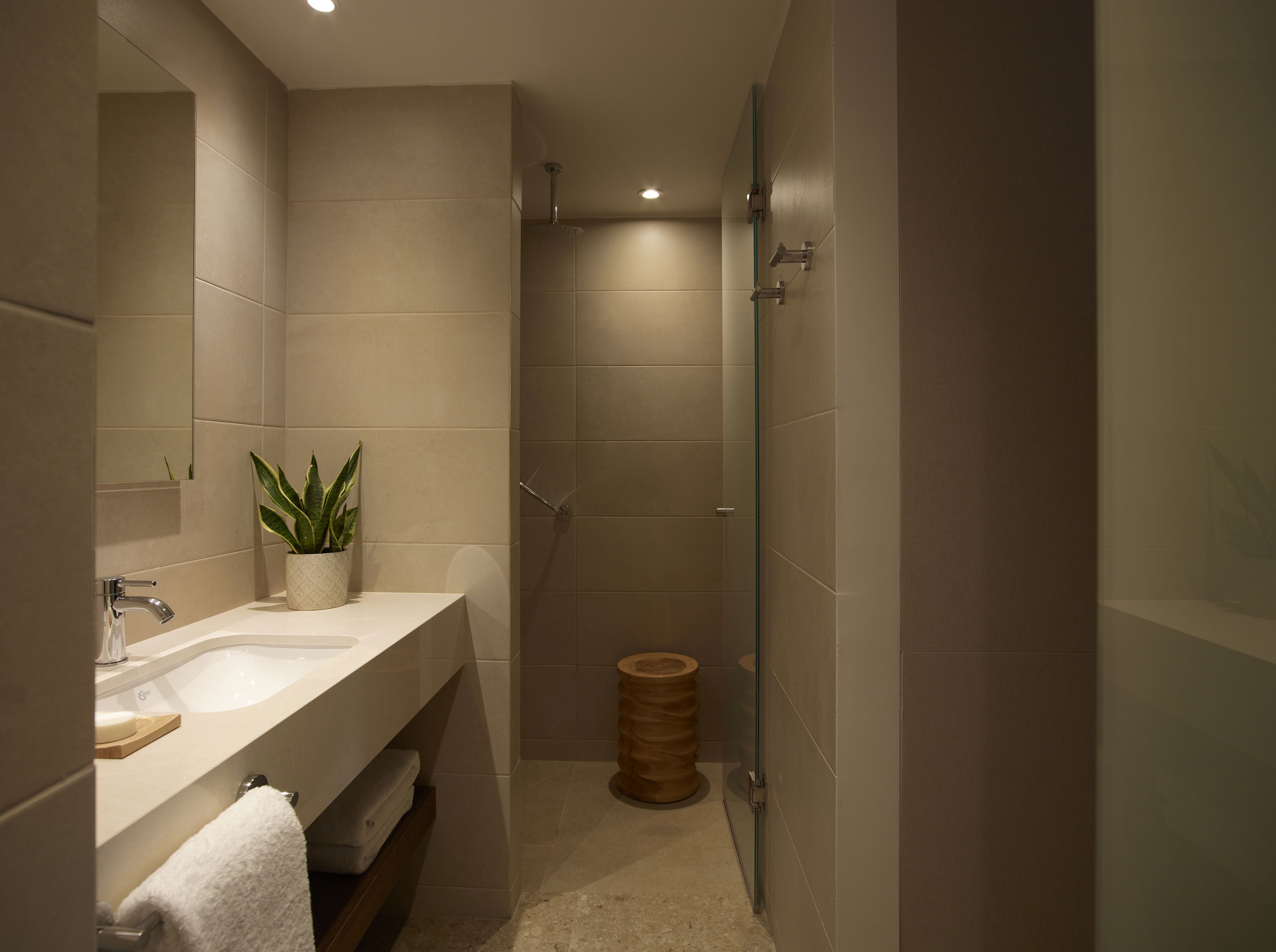 Un baño moderno con dos lavamanos, un espejo, una planta en maceta y una zona de ducha.