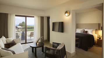 Habitación de hotel con balcón, cama, televisor, sofá y una mesita.