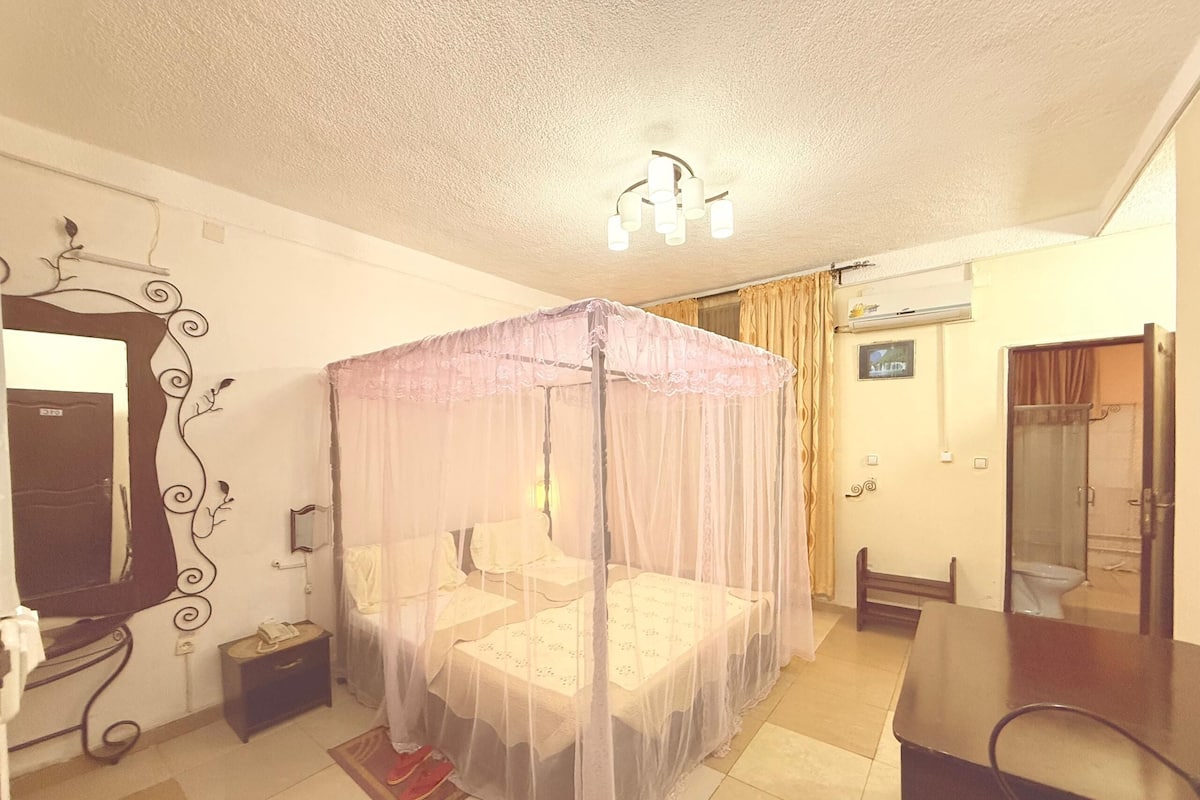 Ein Schlafzimmer mit Himmelbett, Nachttisch, Spiegel, kleinem Beistelltisch, Stuhl und einem Badezimmer mit Dusche und Toilette.