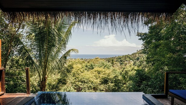 A infinity pool with a view of a lush forest and the ocean. - The Place Luxury Boutique Villas (Koh Tao)