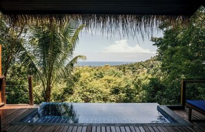 Uma piscina infinita com vista para uma floresta exuberante e o oceano.