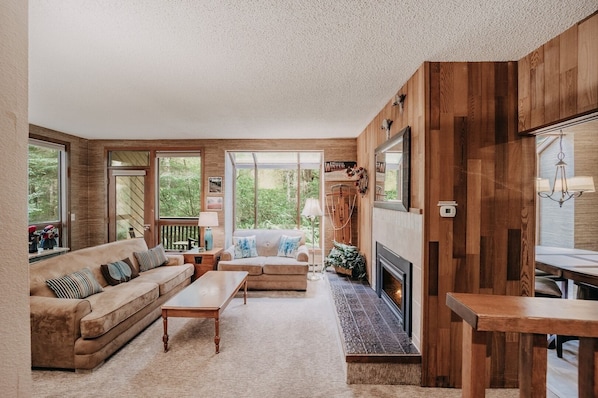 Una sala de estar acogedora con chimenea, paredes de madera y grandes ventanales que ofrecen vistas al exterior.