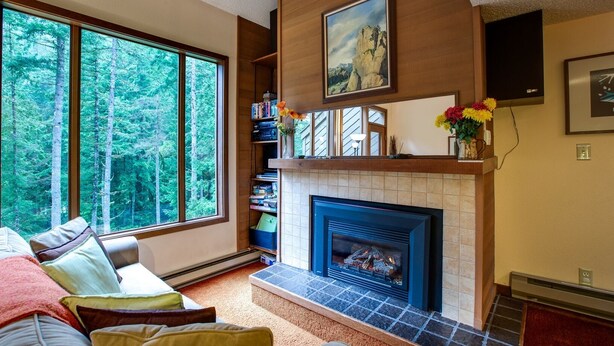 A living room with a fireplace, large windows, a bookshelf, and a painting on the wall. - 85sw - Fireplace - Washer/dryer - Dishwasher - Sleeps 4 2 Bedroom Home by RedAwning (Deming)