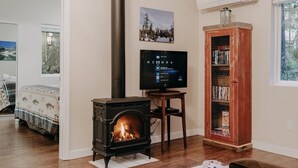 Een gezellige woonkamer met een houtkachel, een televisie en een boekenkast.
