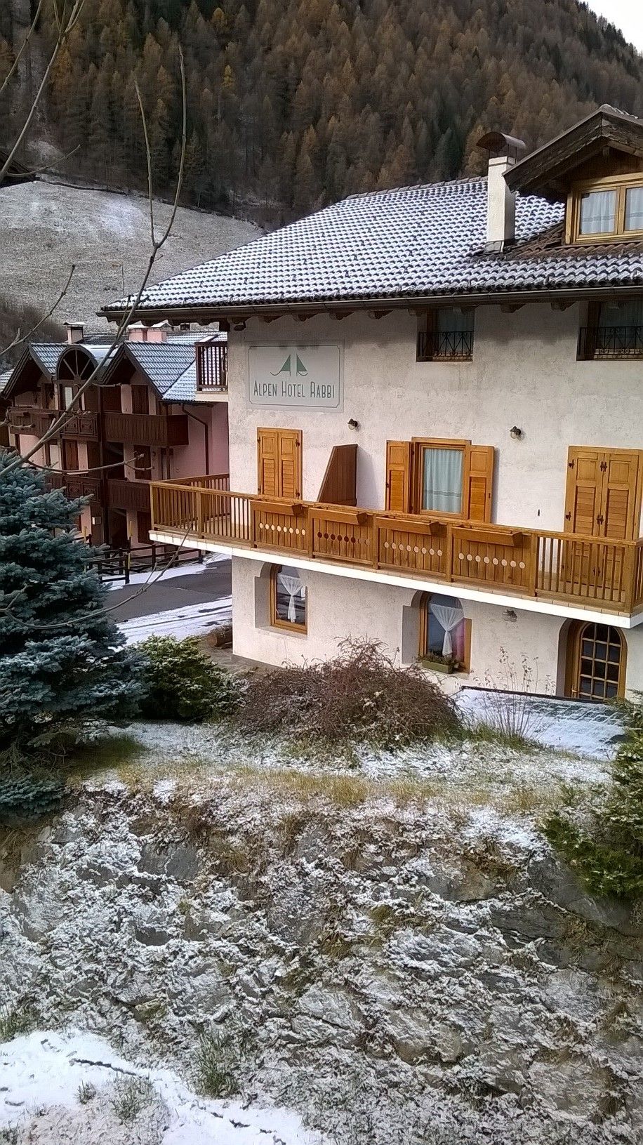 A multi-story building with a sign reading "Alpen Hotel Rabbi".