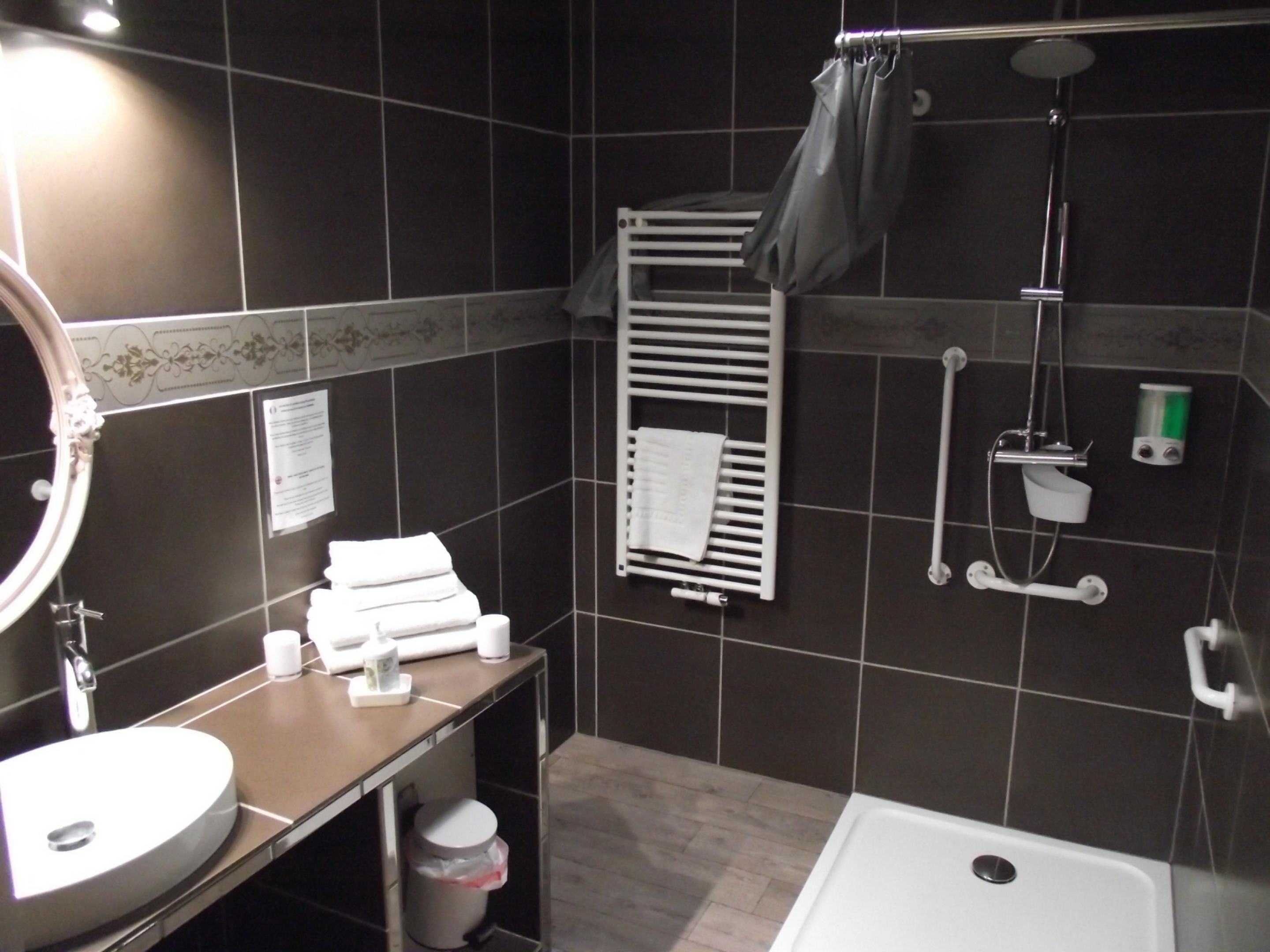 Un baño con lavamanos, espejo, toallero, ducha e inodoro.