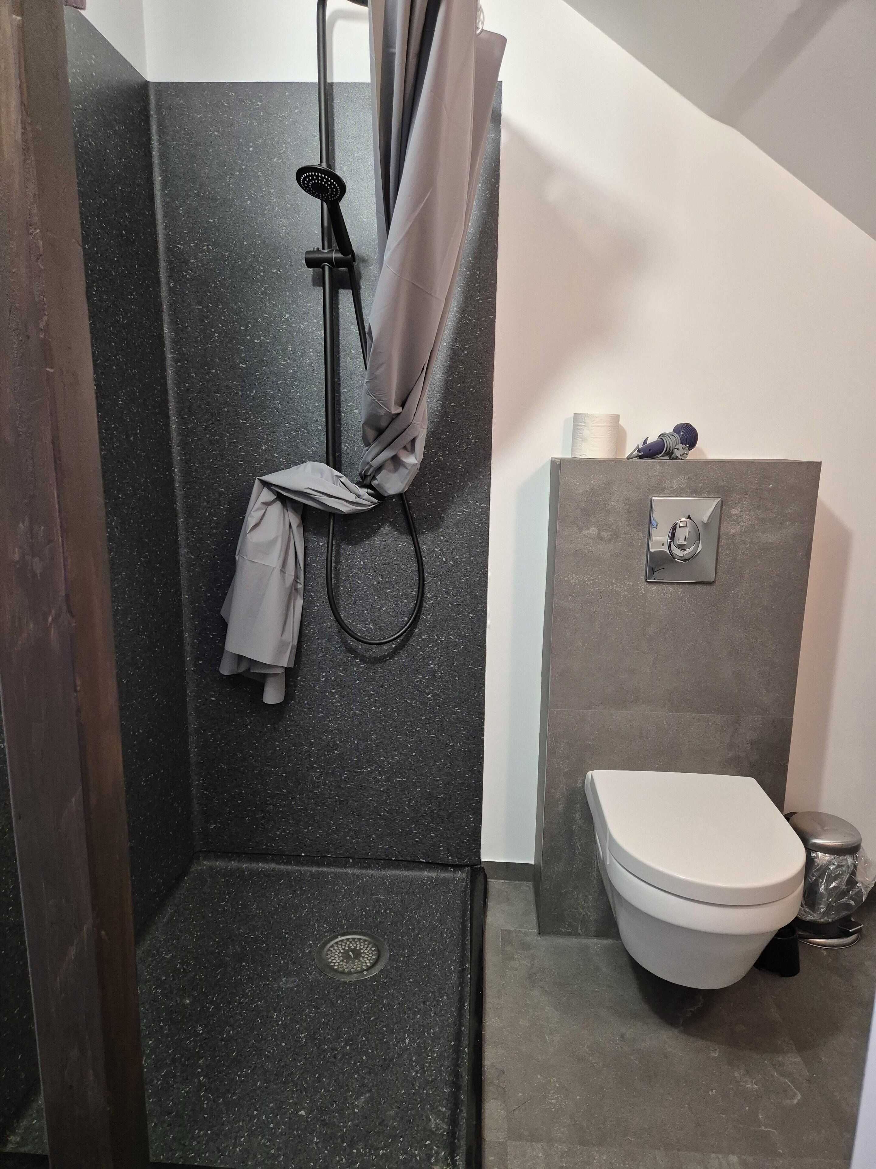 Un baño con ducha, inodoro y un perchero para toallas.