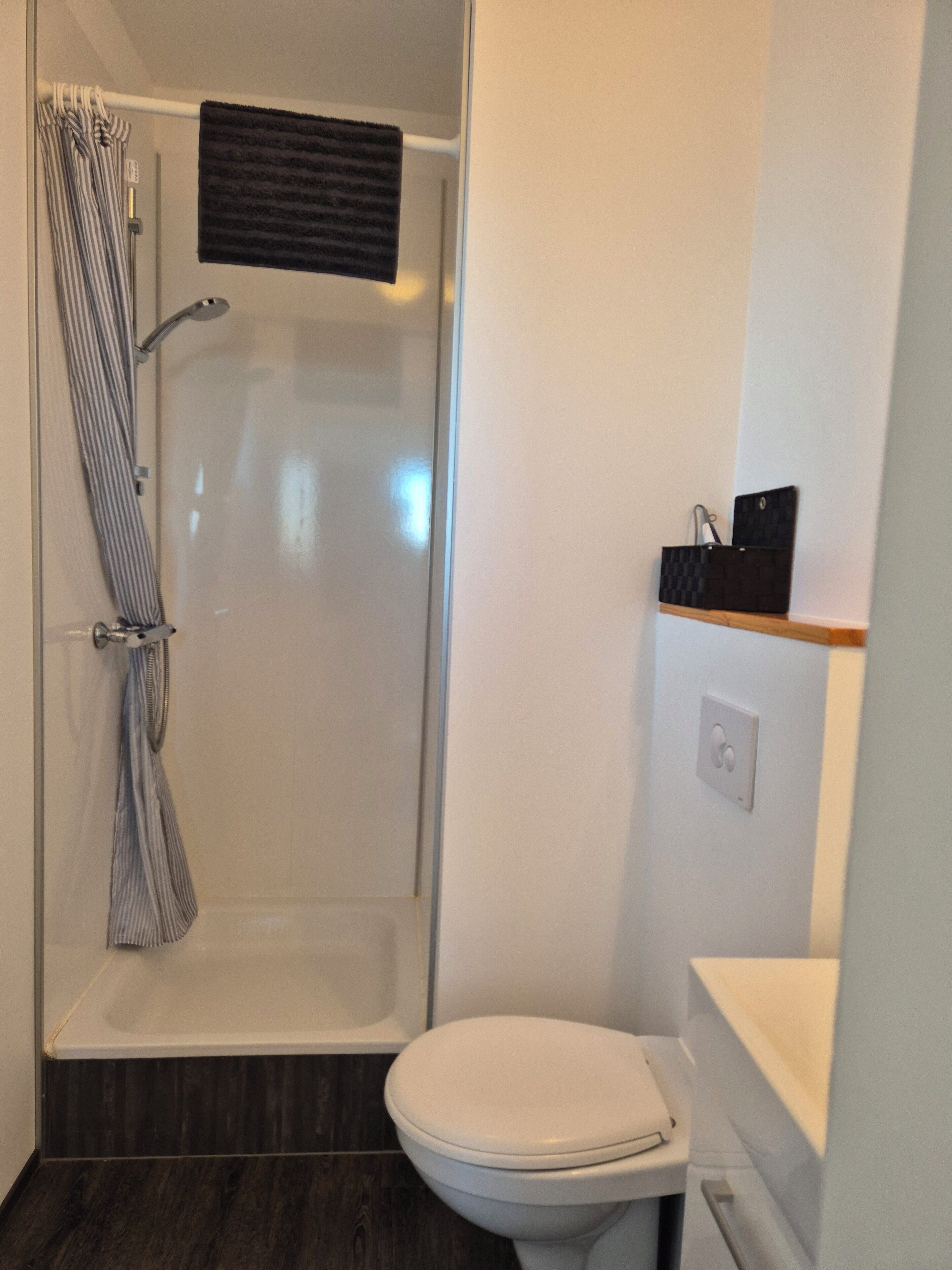 A bathroom with a shower, toilet, and a shelf with a black object.