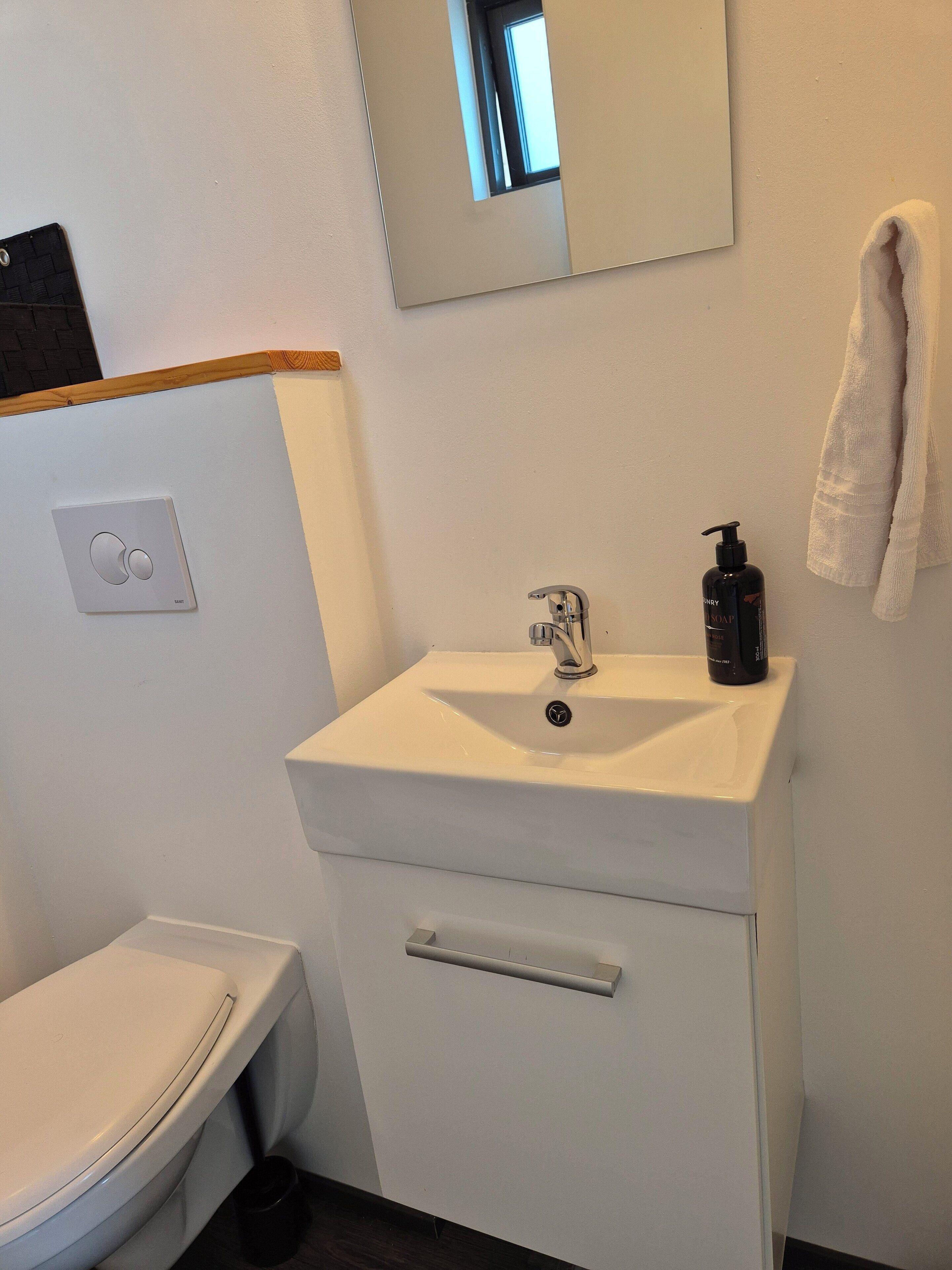 A bathroom with a white sink, a mirror, a towel, and a toilet.