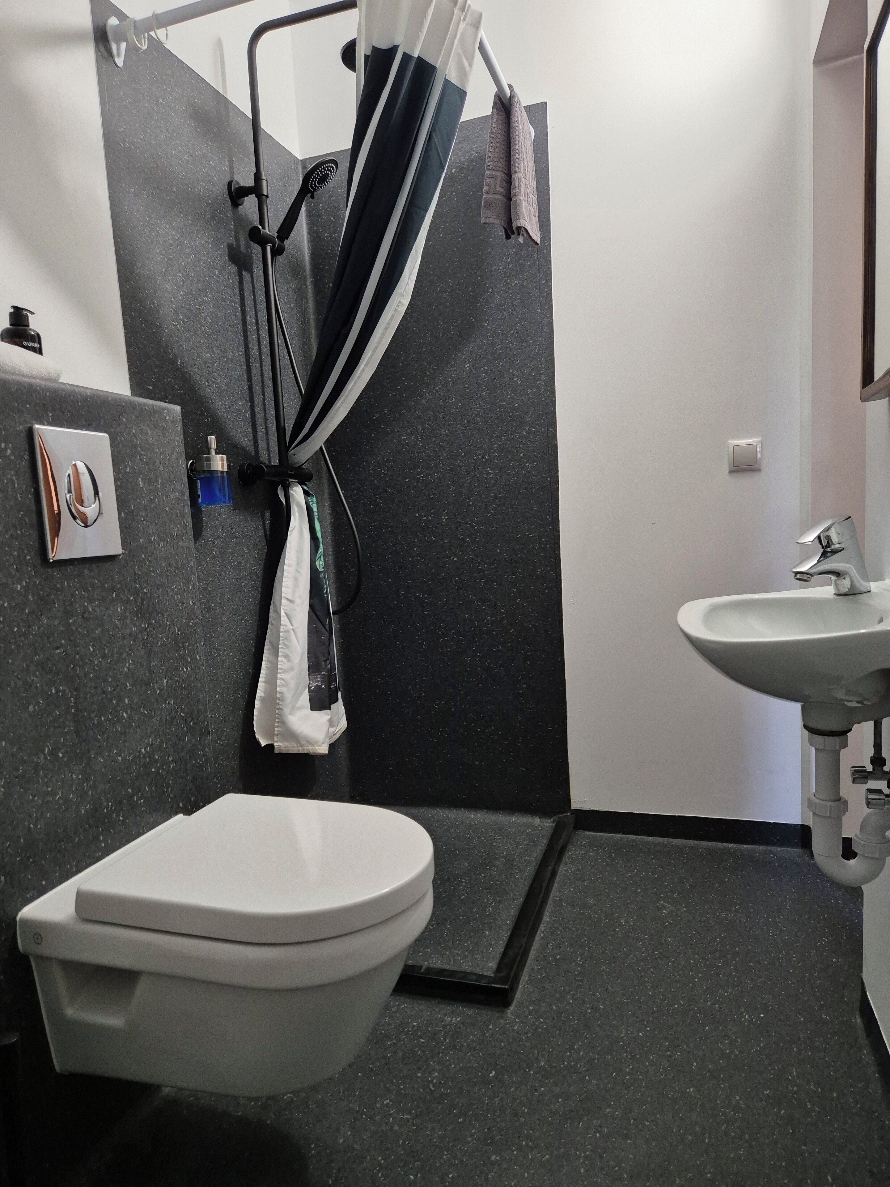 A modern bathroom with a white toilet, a sink, and a shower area.