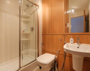 Et badeværelse med en brusekabine med glasvægge, et hvidt toilet og en vask med et spejl over.