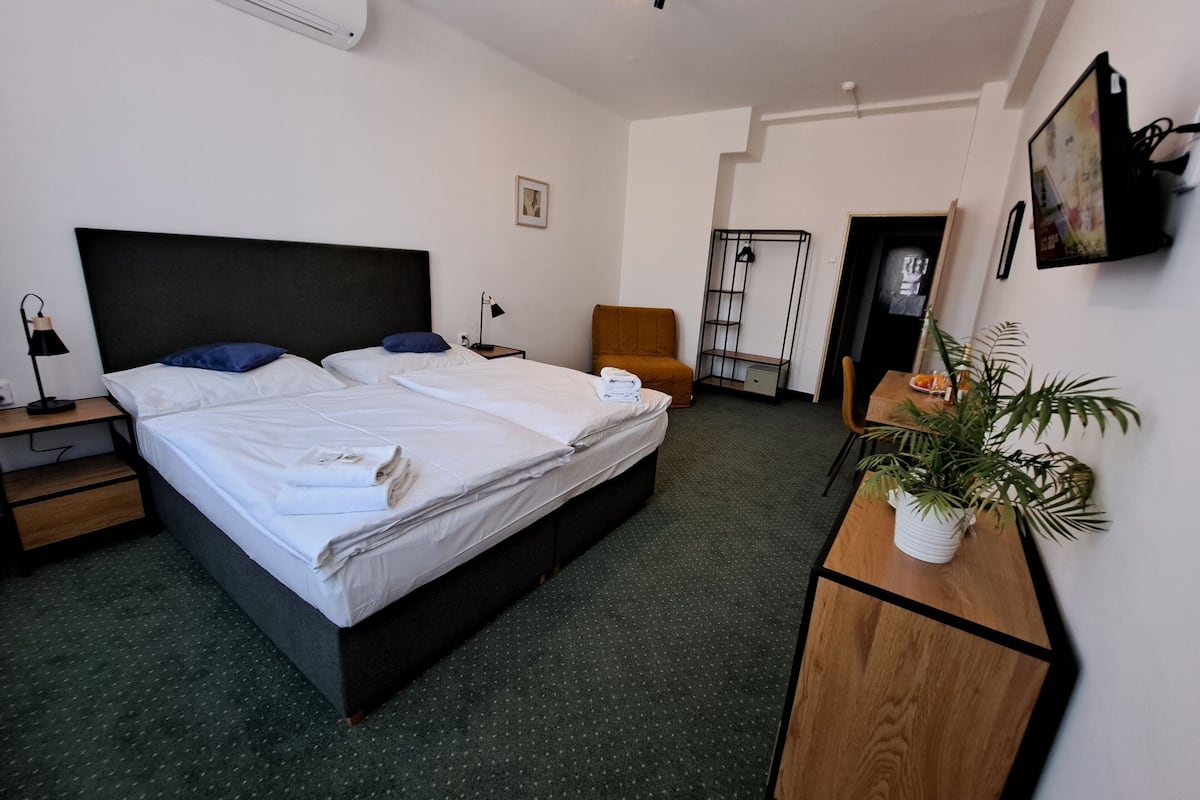 A hotel room with a large bed, a wooden nightstand, a desk, a chair, a plant, and a wardrobe.