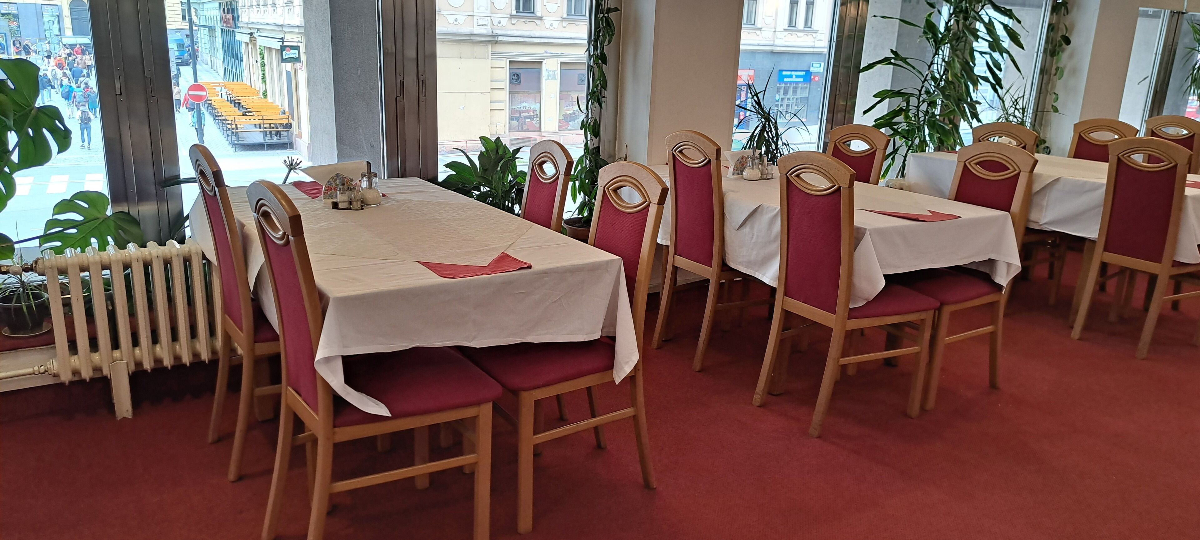 Un restaurante con una larga mesa dispuesta para comer, sillas de madera y plantas en macetas.