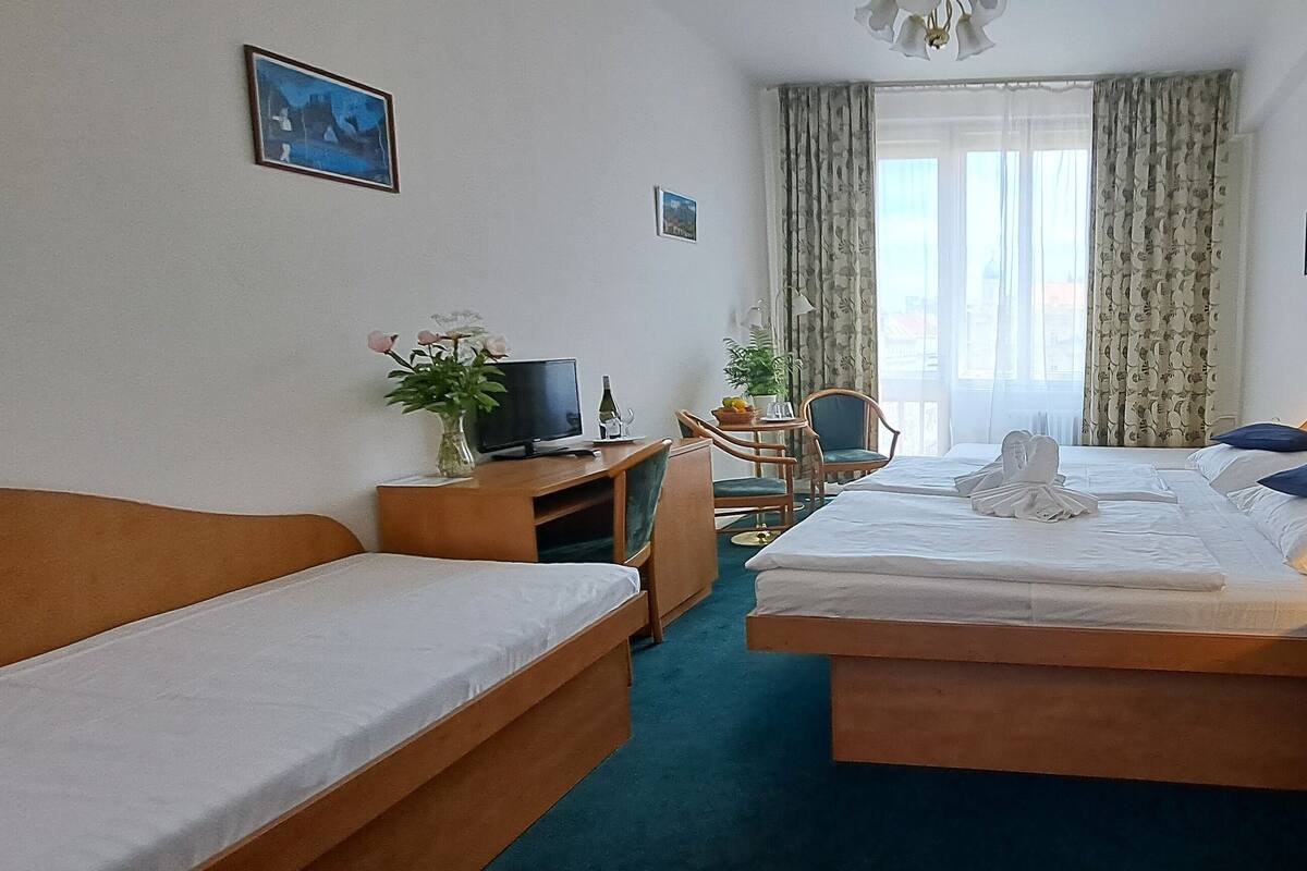 A hotel room with two single beds, a desk with a computer, a chair, a small table with a plant, and a TV.