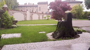 Un patio con muro de piedra, un árbol y un camino empedrado.