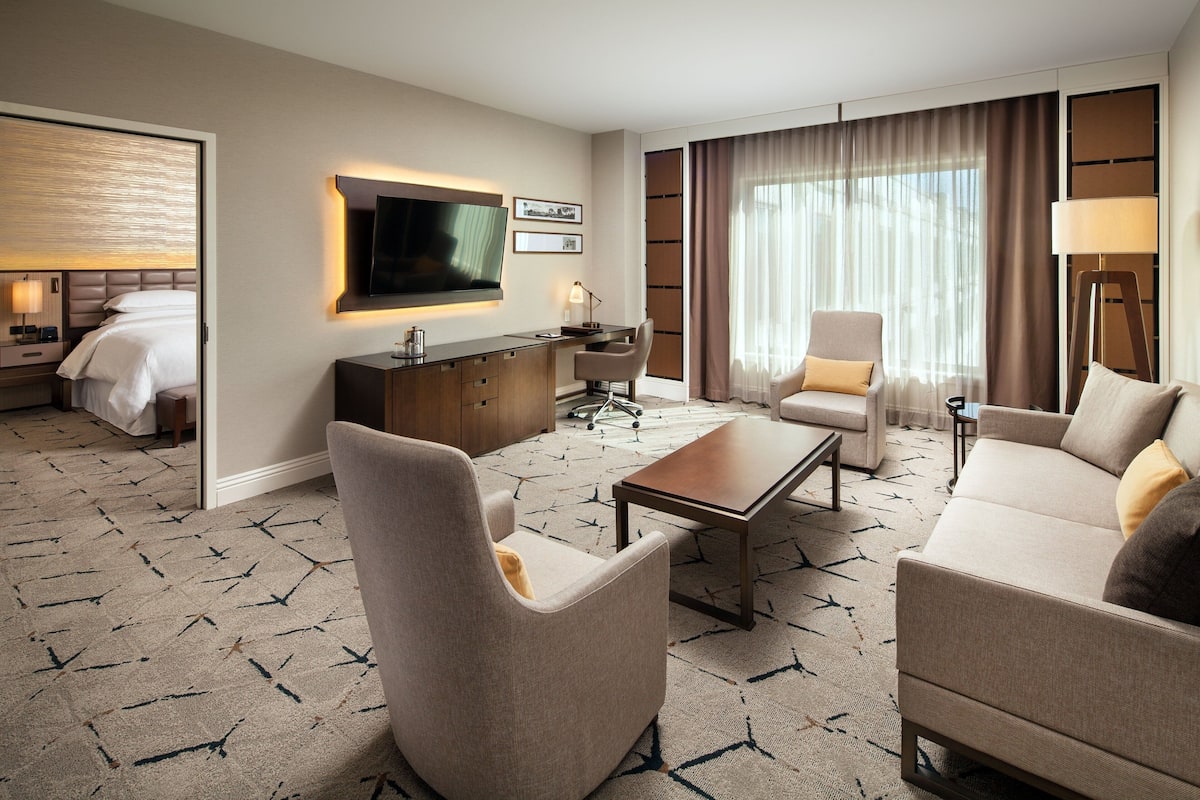 Een hotelkamer met een bed, een bureau, een sofa en een televisie.