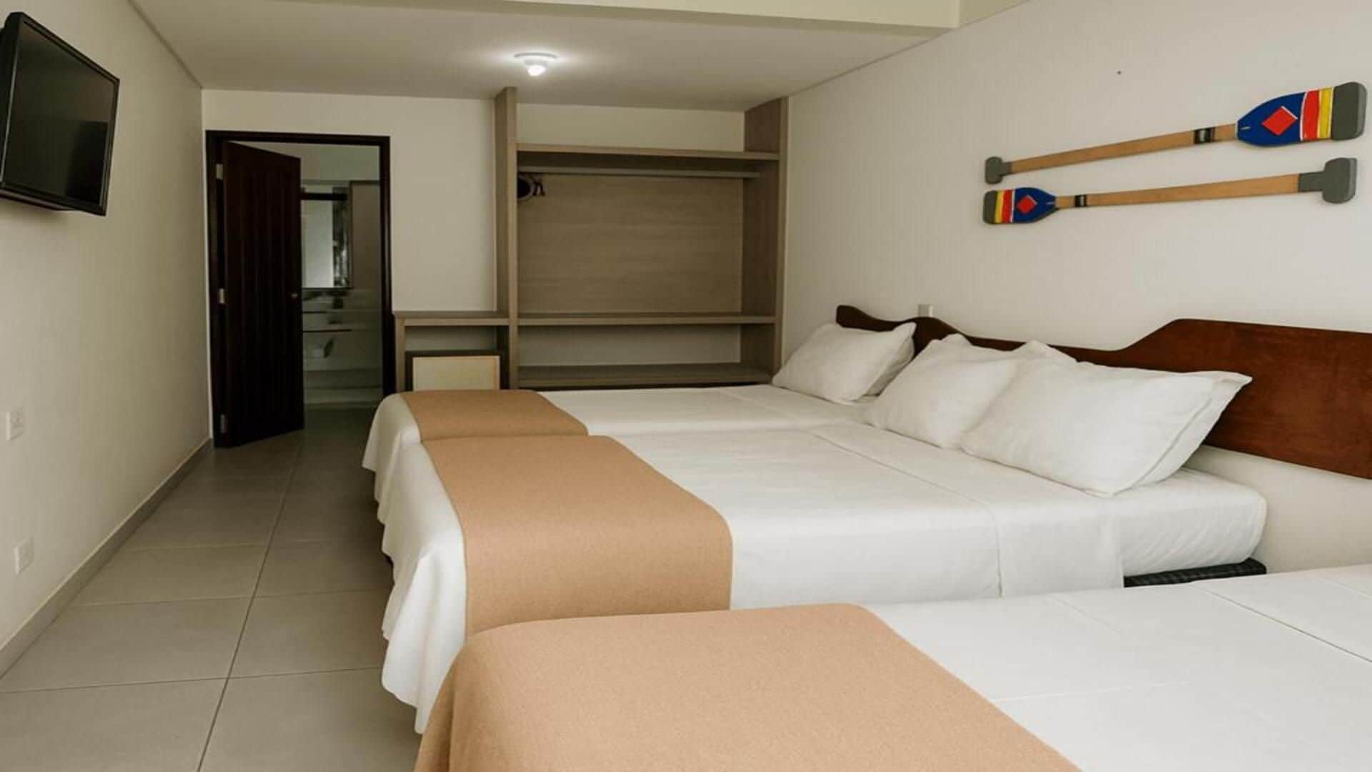 Una habitación de hotel con una cama, un televisor y un armario.