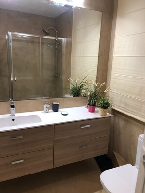 Combined shower/bathtub, hair dryer, towels, soap