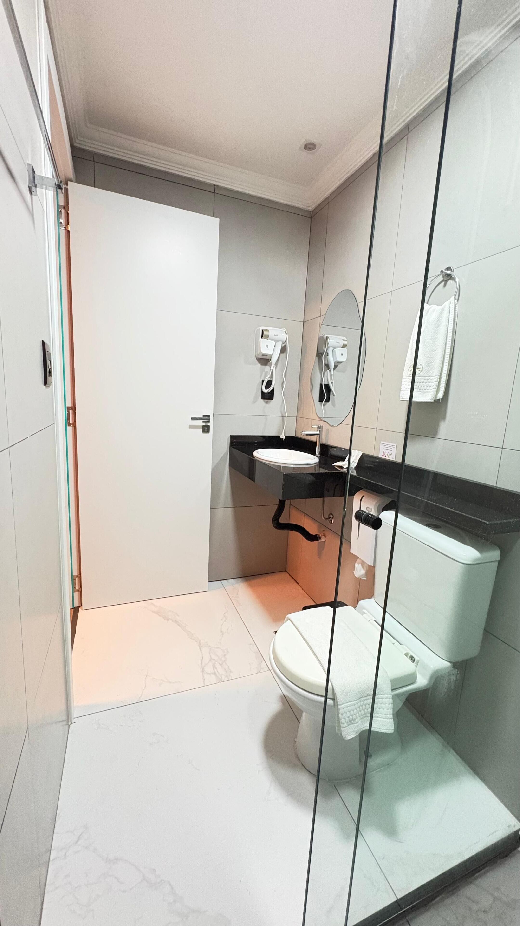 A modern bathroom with a toilet, sink, and hairdryer.