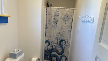 Douche, sèche-cheveux, serviettes fournies, savon