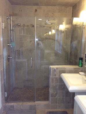 Combined shower/bathtub, hair dryer, towels, soap