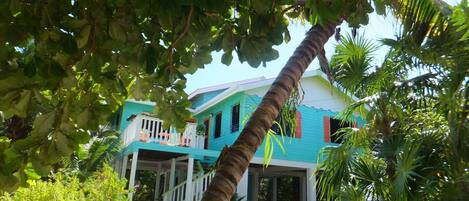A two-story house with a porch and a small deck, surrounded by tropical vegetation.