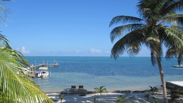 A beach with a wooden pier, two lounge chairs, and a palm tree. - Caye Caulker Vacation Homes (Caye Caulker)