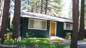 Une petite cabane à un seul étage, à l’extérieur vert et aux bordures blanches, entourée d’un jardin où poussent différentes sortes de fleurs et bordée de pierres.