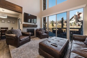 Smart TV, chimenea, libros, estéreo