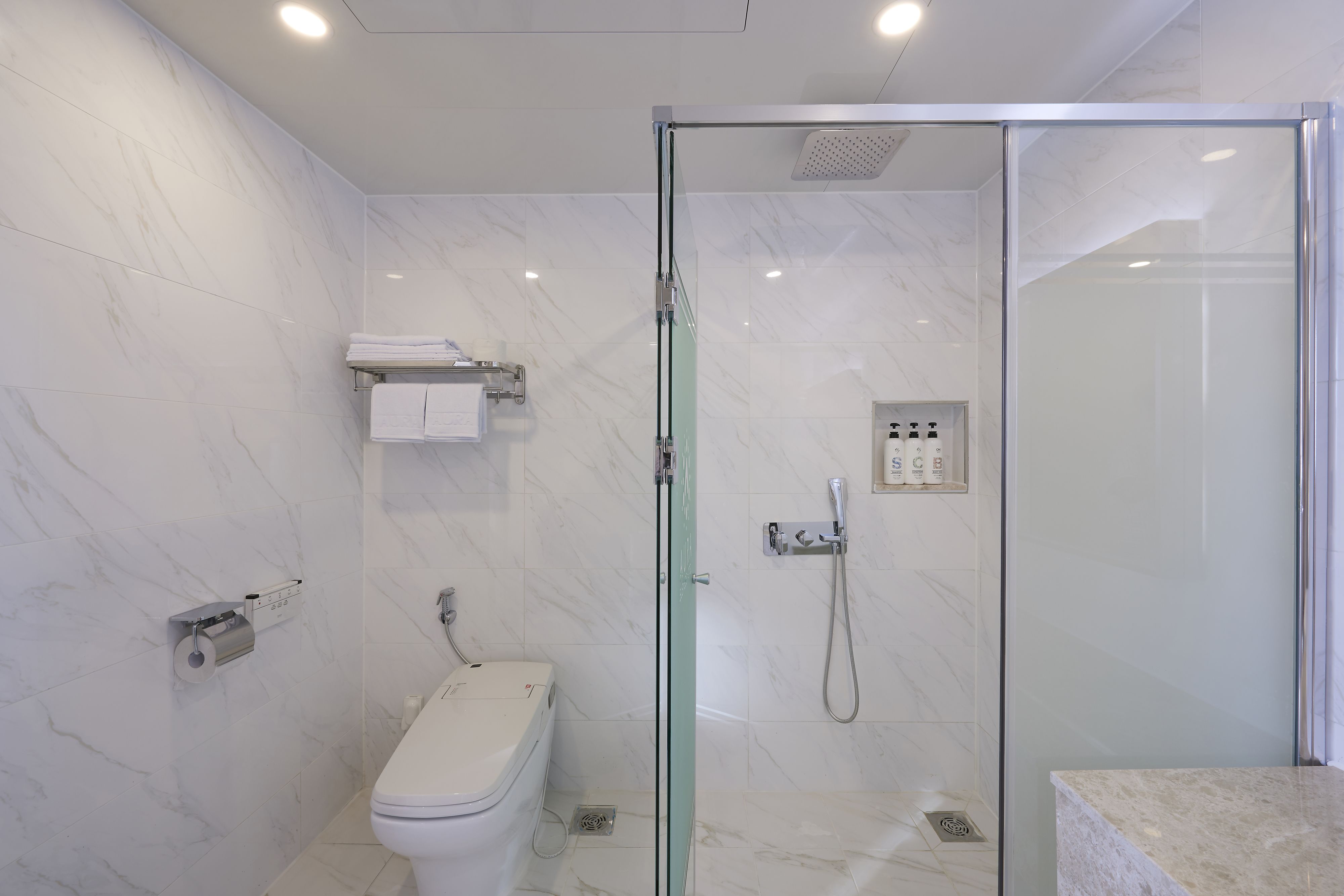 A modern bathroom with a glass-enclosed shower, a toilet, and a marble-tiled wall.