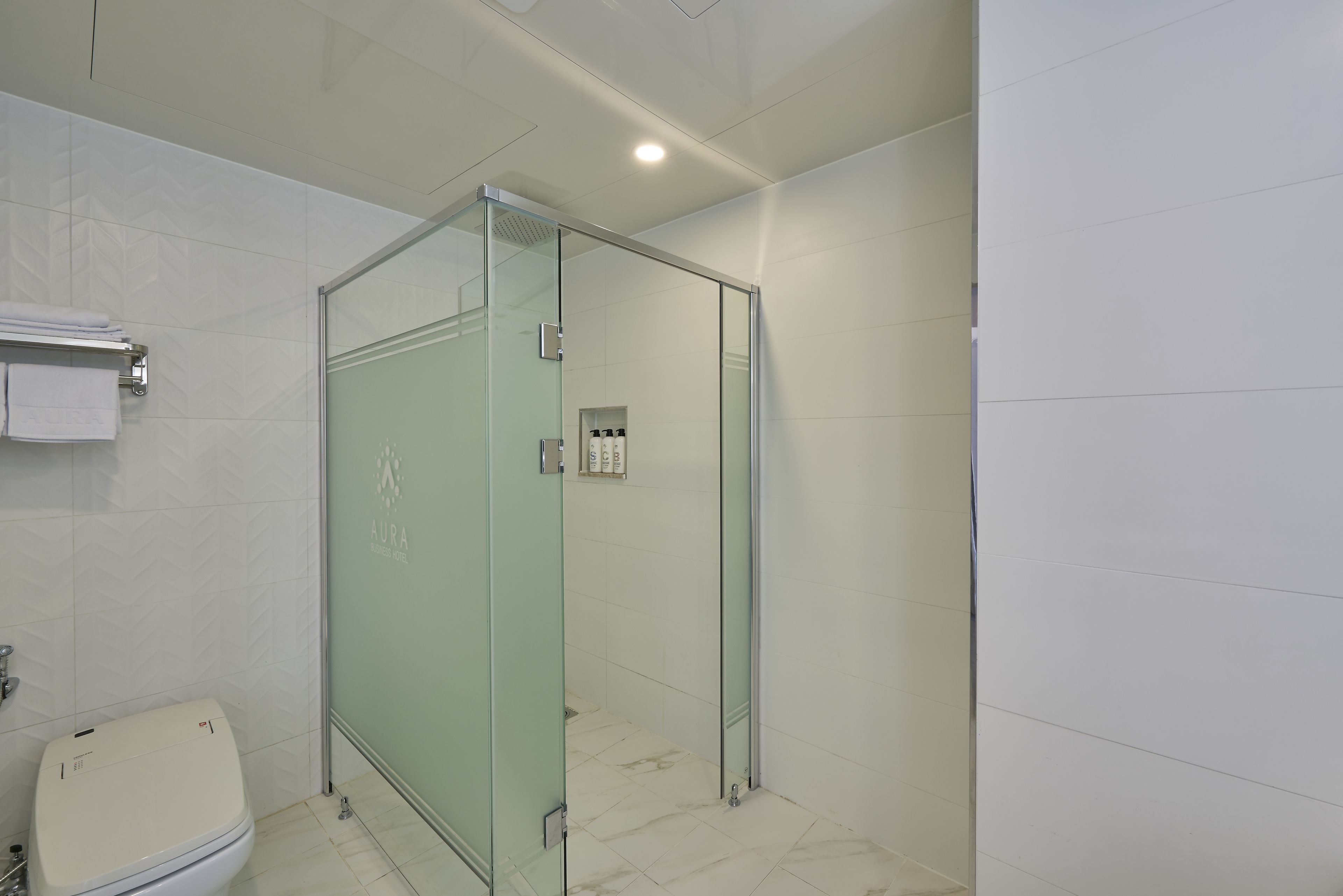 A modern bathroom with a glass-enclosed shower, a toilet, and a towel rack.