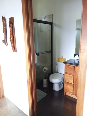 Ducha, secador de pelo, toallas y jabón
