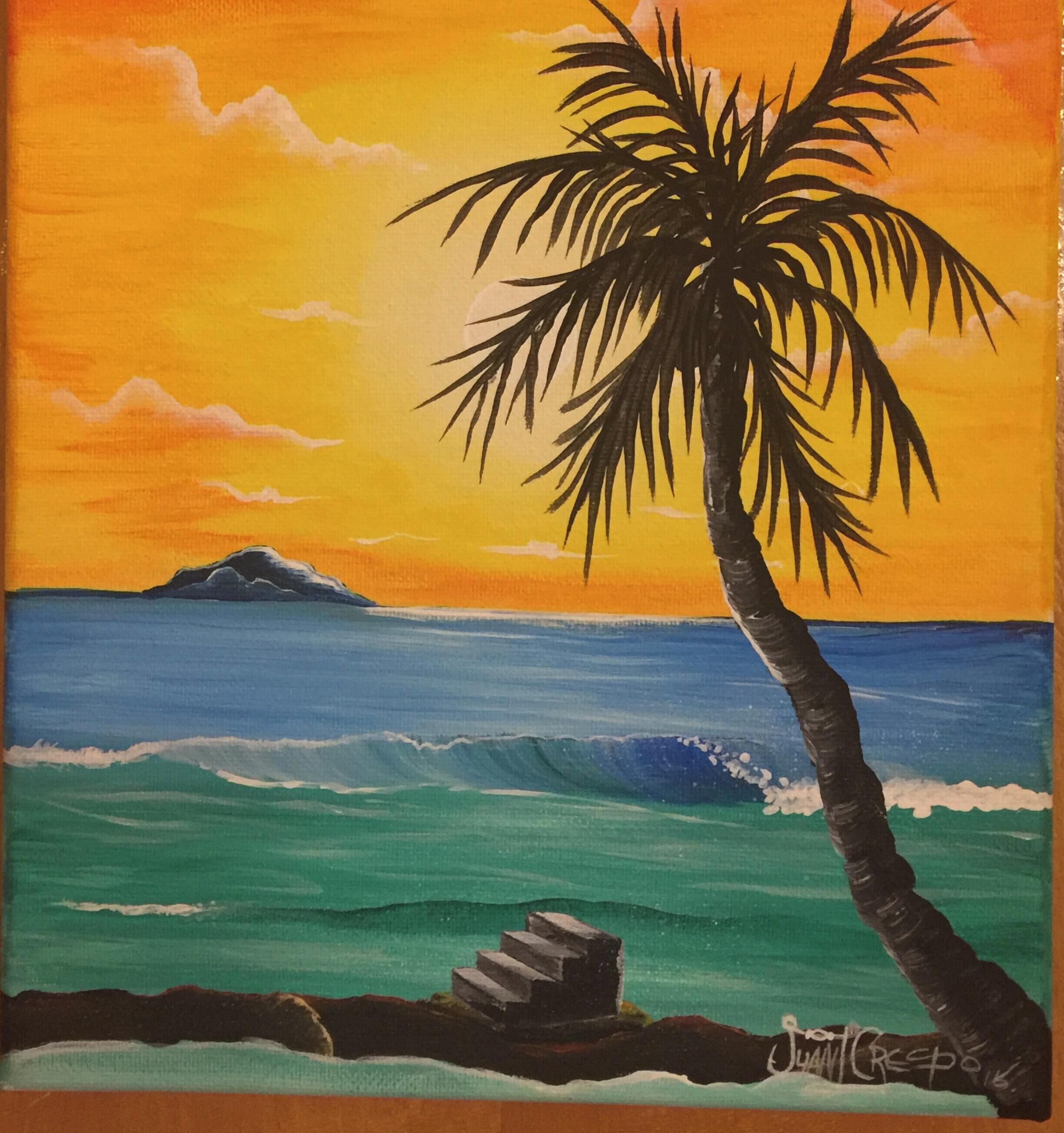 Una pintura de un atardecer con una palmera y olas.