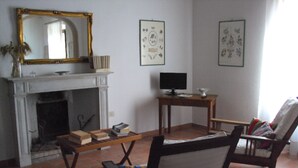 A living room with a fireplace, a television on a wooden table, a chair with a cushion, and framed botanical prints on the wall. - The Palms Apartment (Piombino (LI))