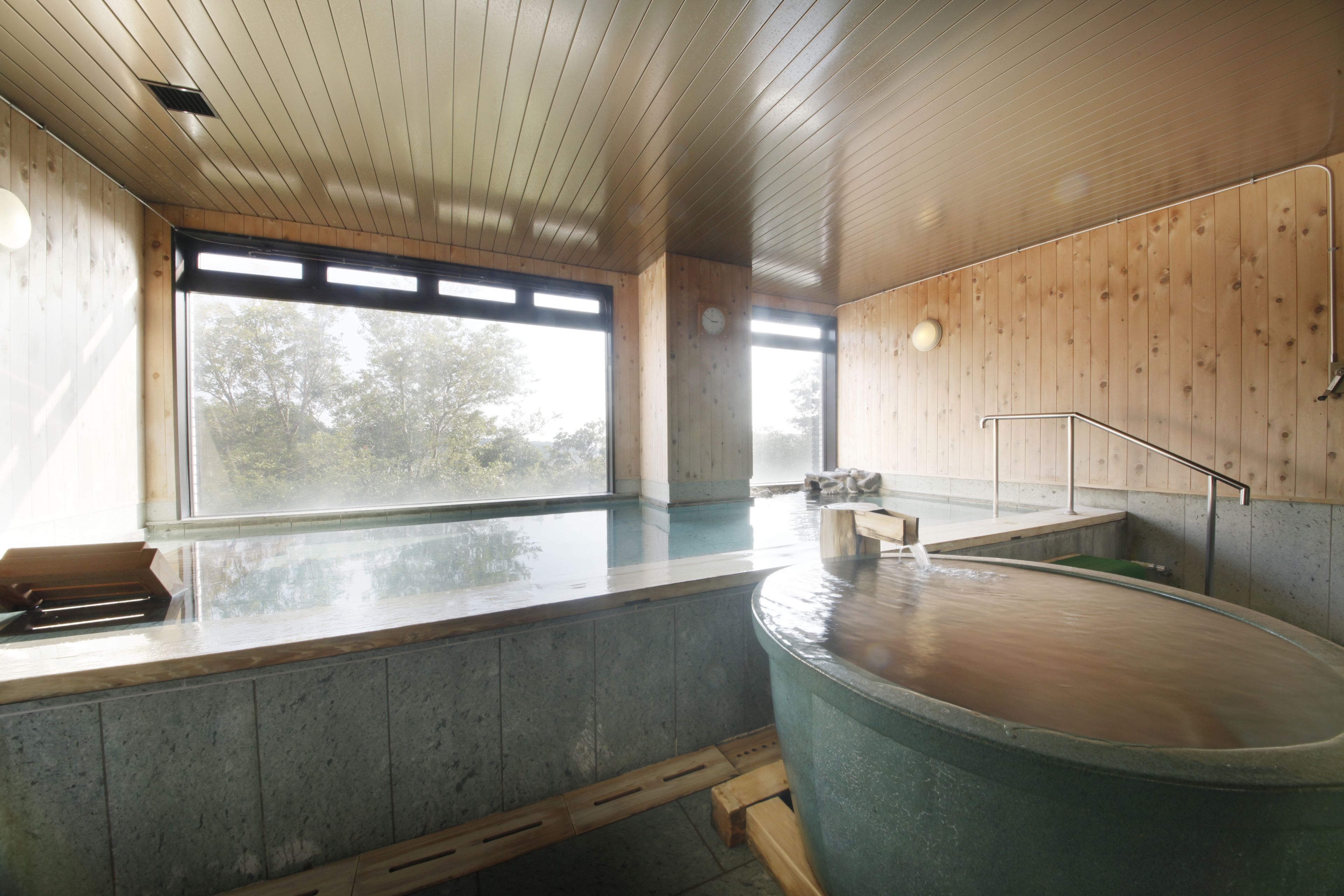 Une salle de spa moderne dotée d’un grand jacuzzi, de murs en bois et d’une grande fenêtre offrant une vue sur les arbres.