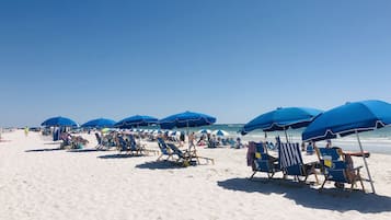On the beach, sun loungers