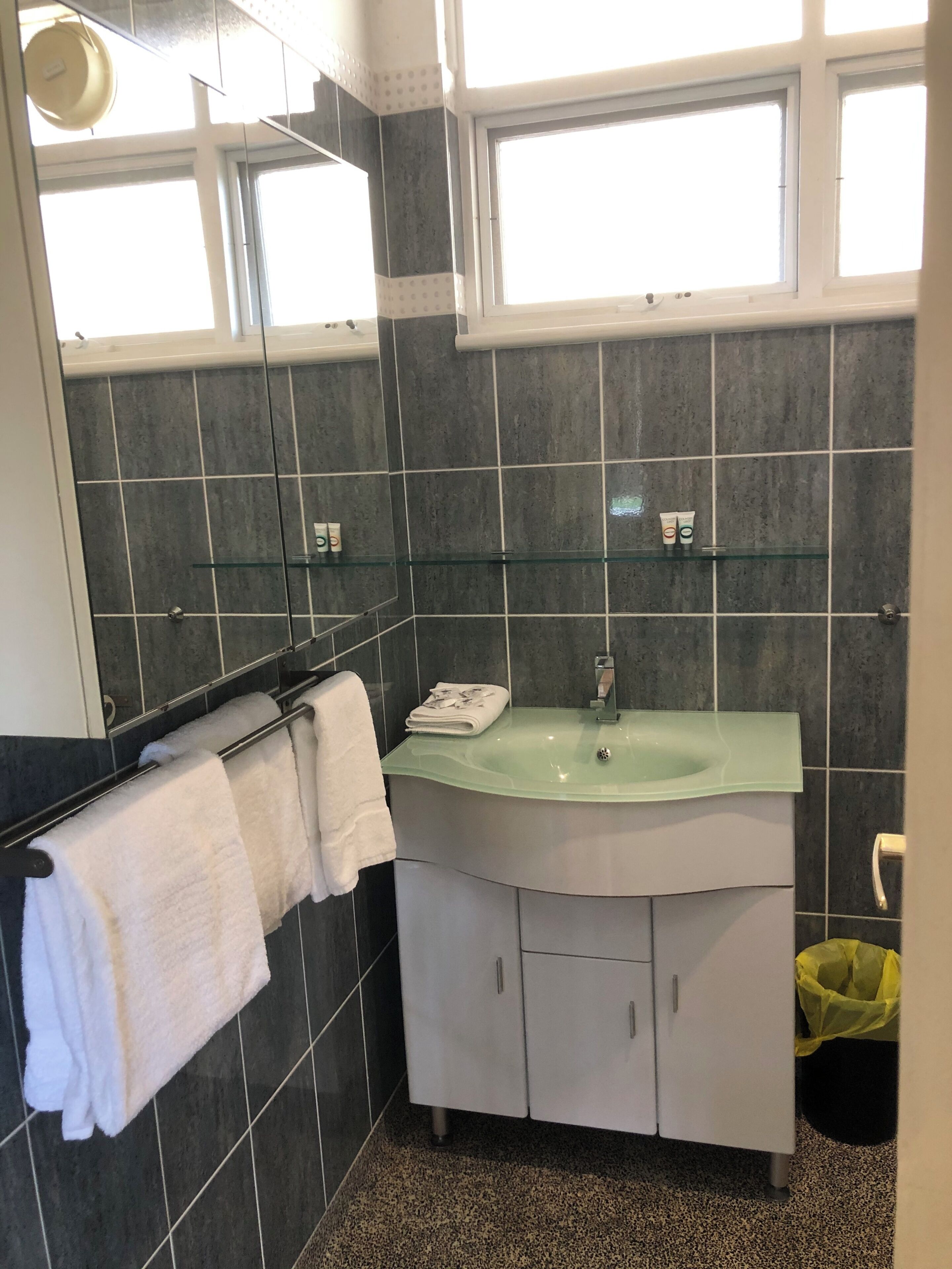A bathroom with a glass sink, dark tiles, a towel rack, and a window.